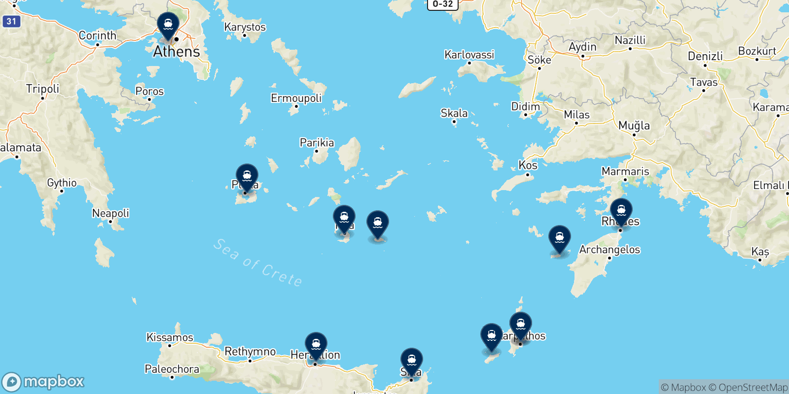 Mappa delle destinazioni Aegeon Pelagos