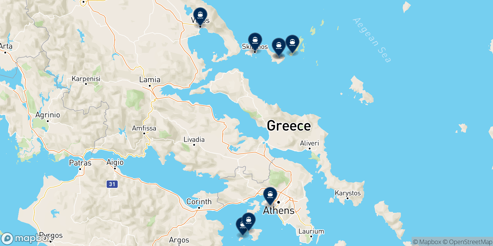 Mappa delle destinazioni Aegean Flying Dolphins