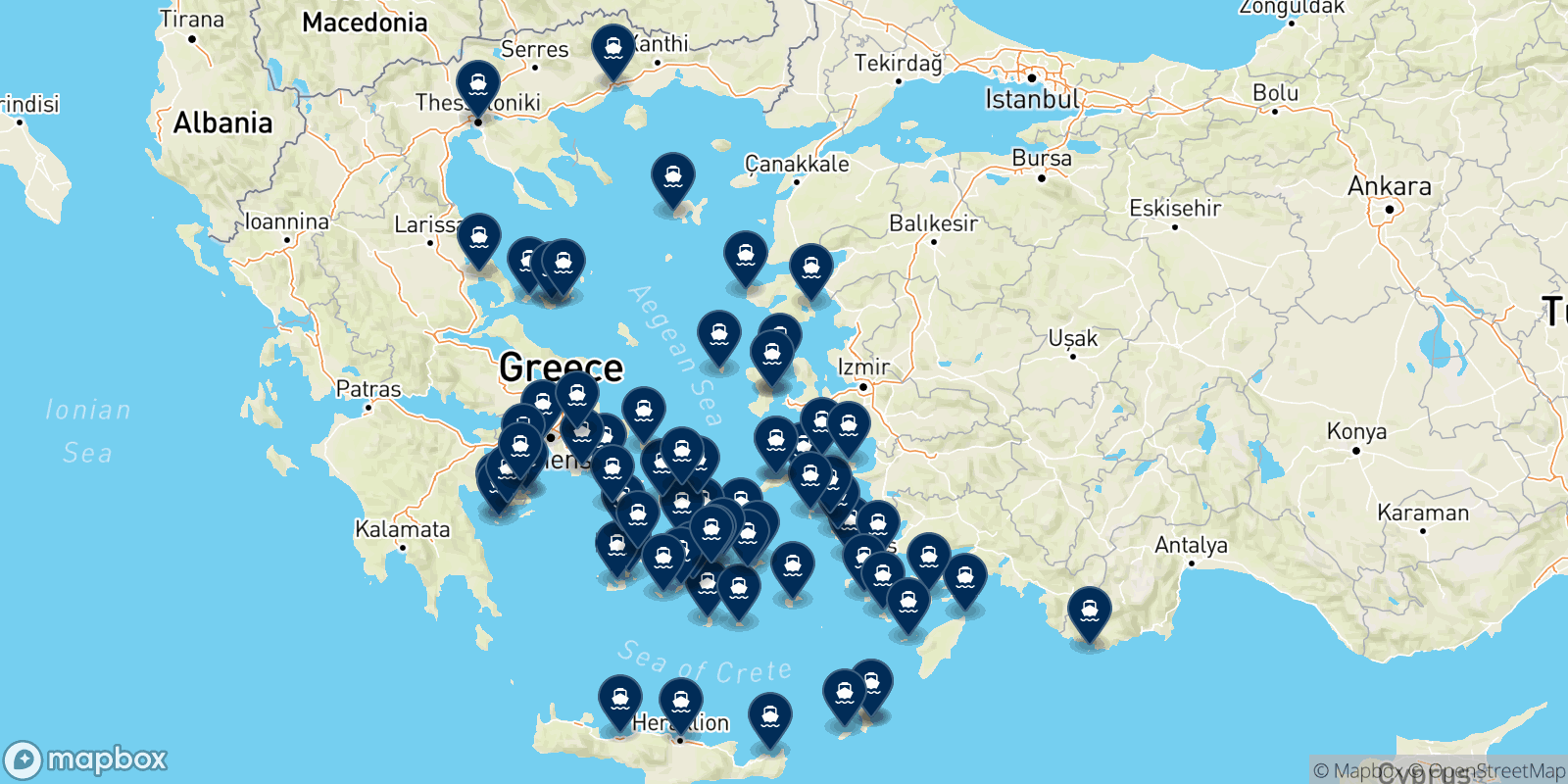Mappa delle destinazioni Blue Star Ferries