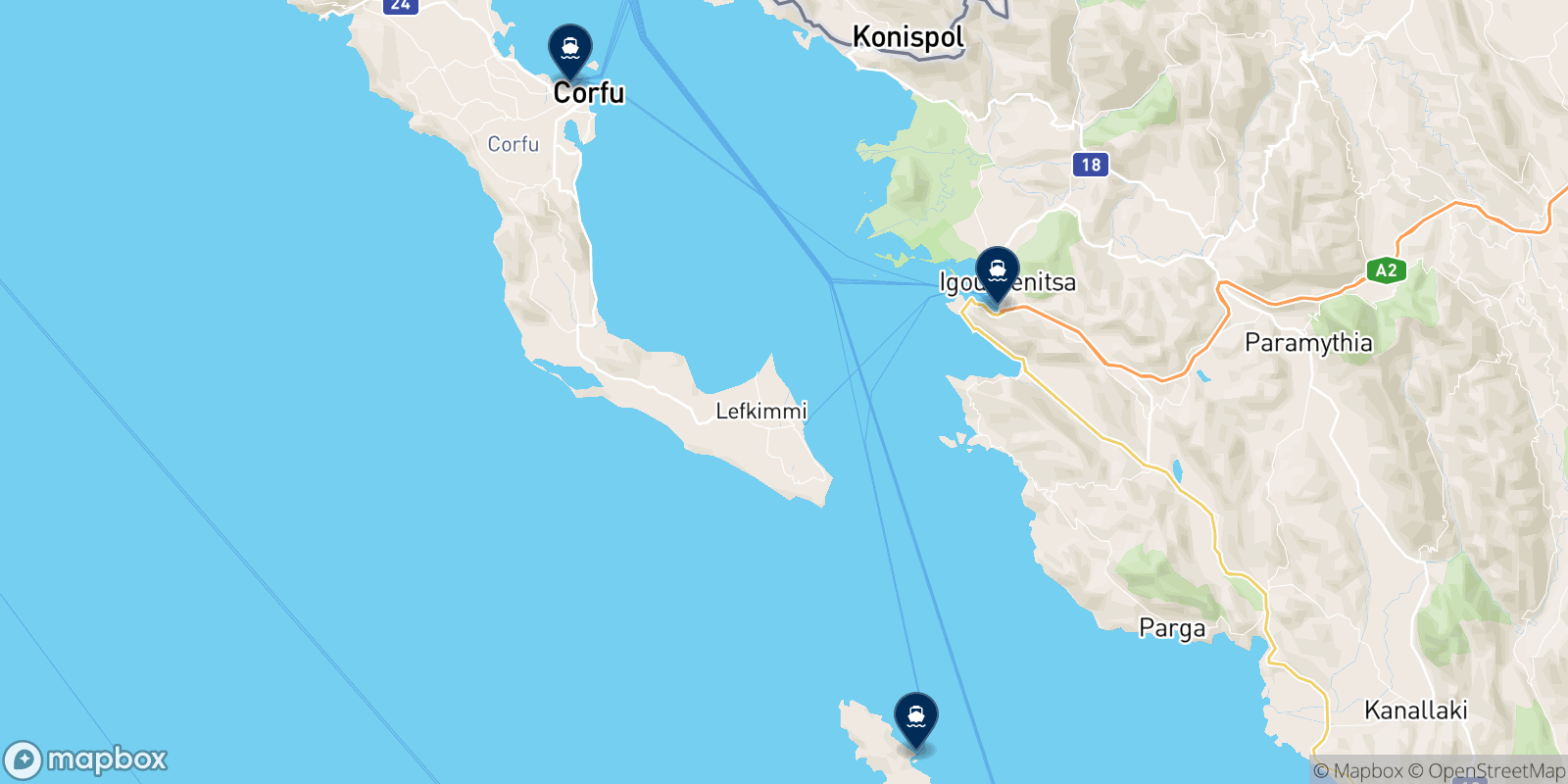 Mappa delle destinazioni Kerkyra Seaways