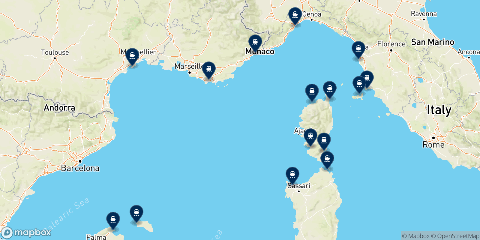 Mappa delle destinazioni Corsica Sardinia Ferries