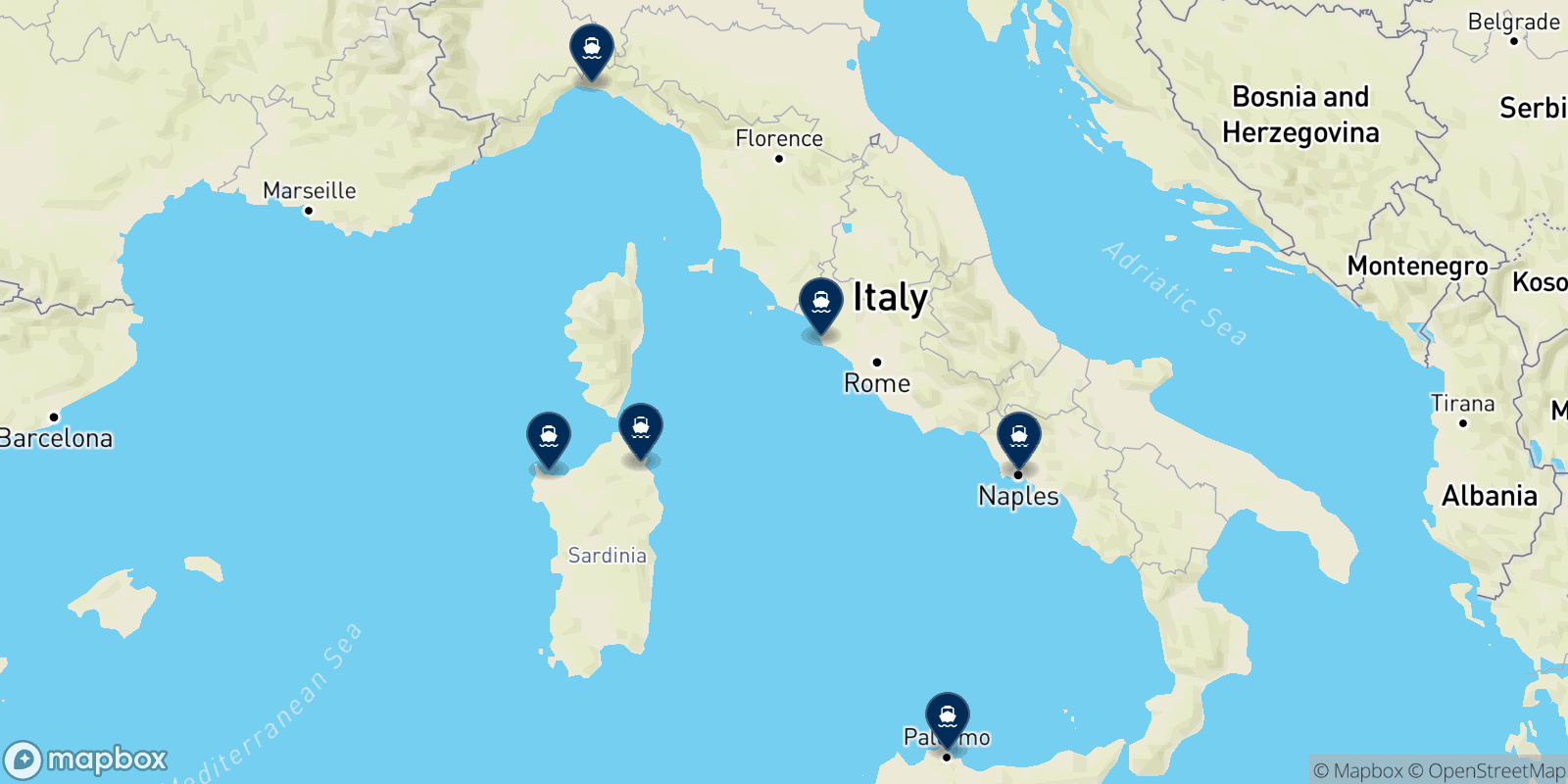 Mappa delle destinazioni Tirrenia