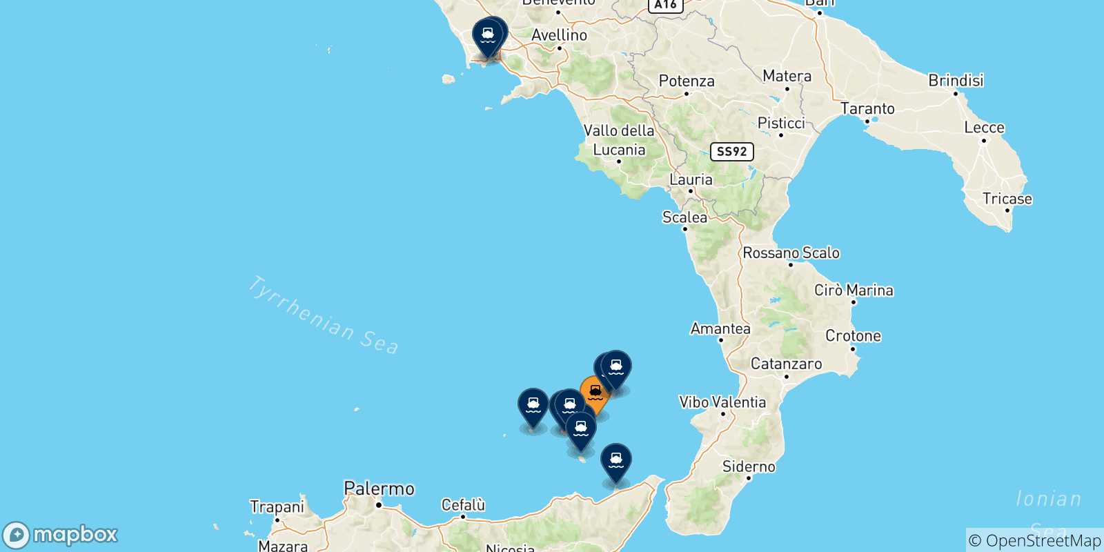 Mappa delle possibili rotte tra Panarea e l'Italia