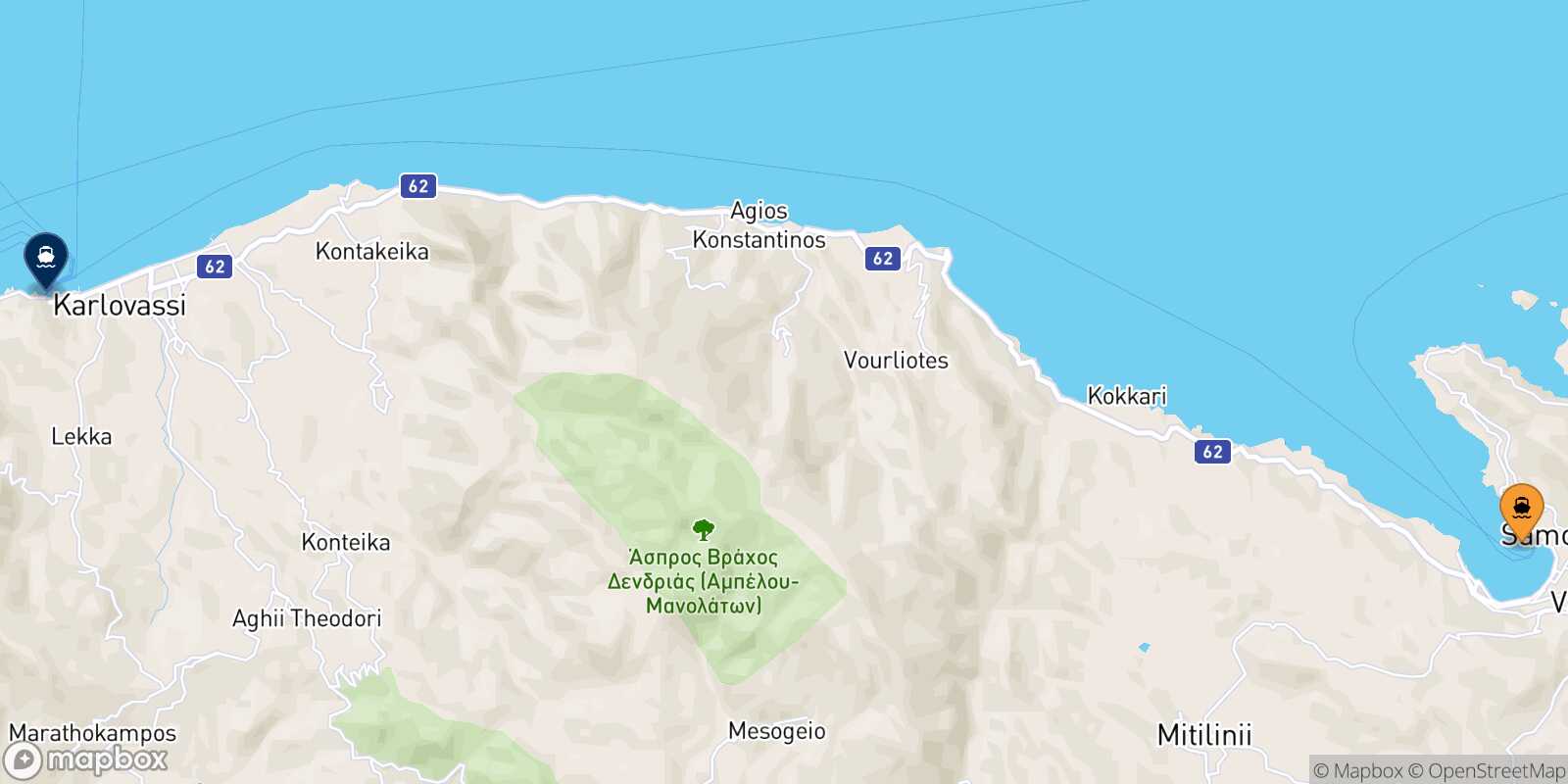 Mappa della rotta Vathi (Samos) Karlovassi (Samos)