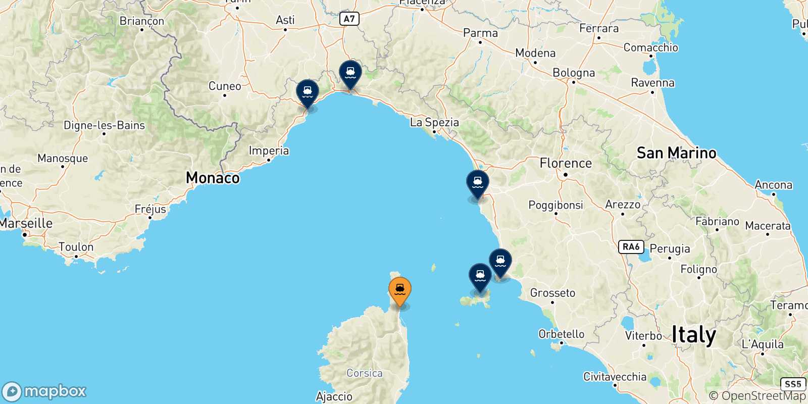 Mappa delle possibili rotte tra Bastia e l'Italia