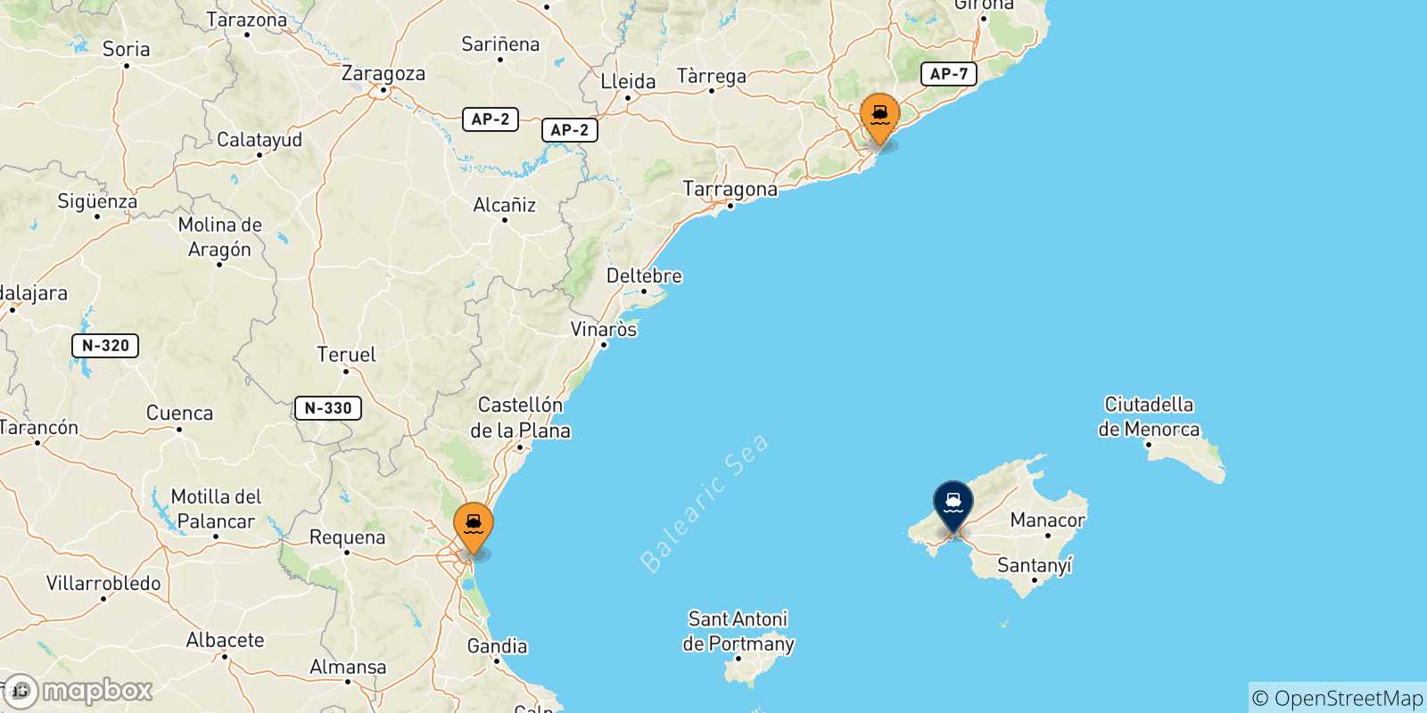 Mappa delle possibili rotte tra la Spagna e Palma Di Maiorca