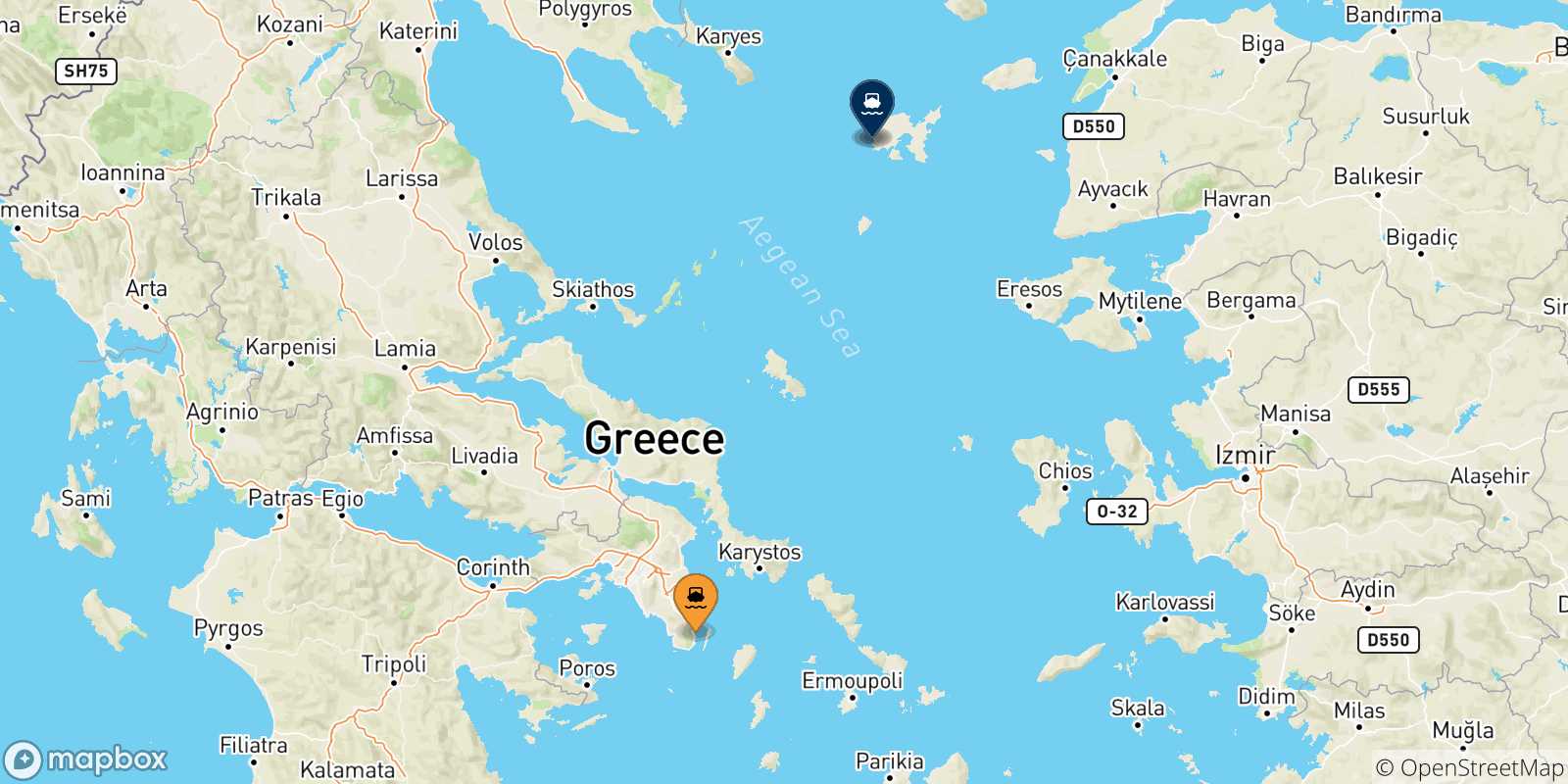 Mappa delle possibili rotte tra Lavrio e le Isole Egeo Nord Orientale