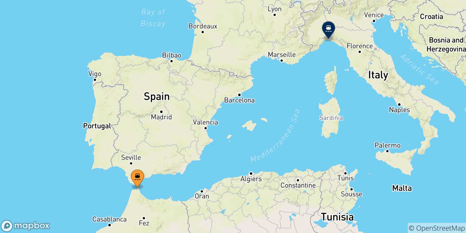 Mappa delle possibili rotte tra il Marocco e Genova