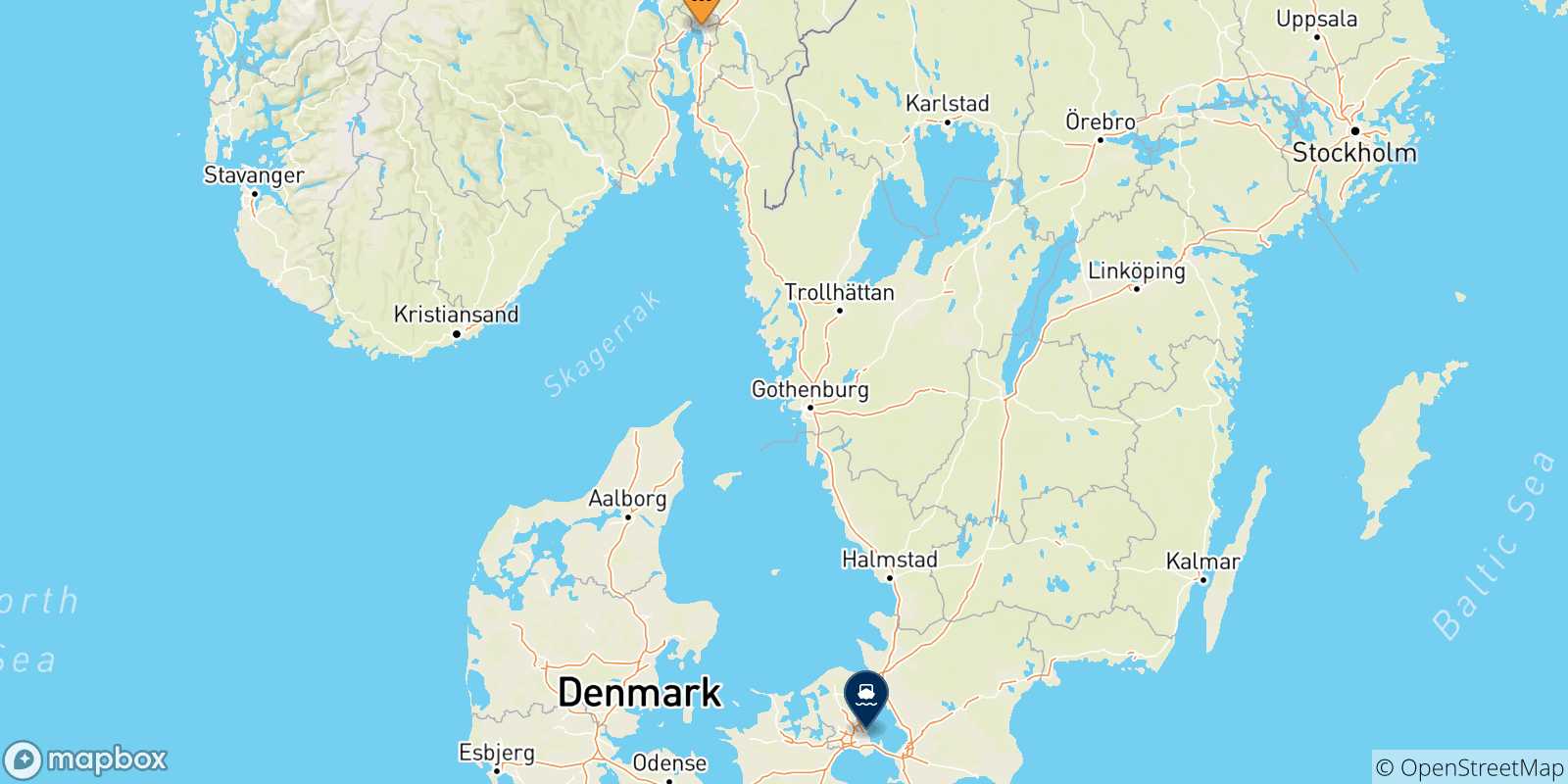 Mappa delle possibili rotte tra la Norvegia e Copenhagen