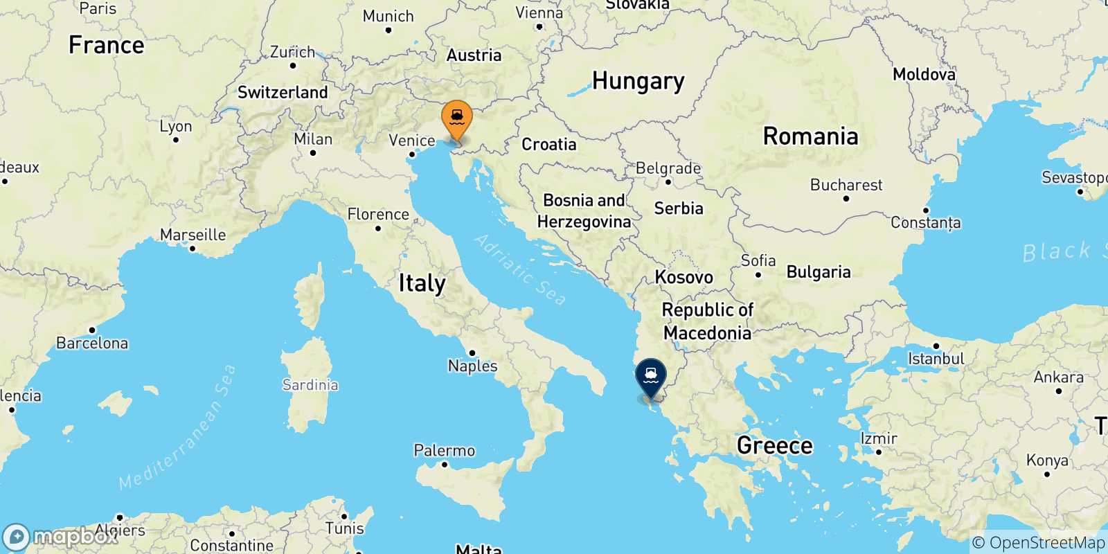Mappa delle possibili rotte tra Trieste e le Isole Ionie
