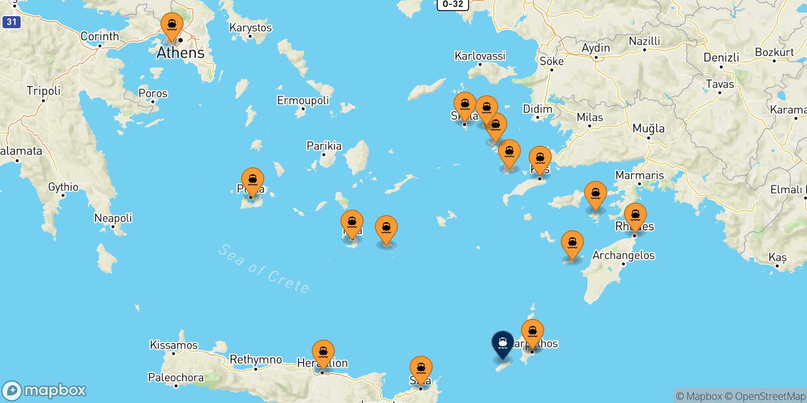Mappa dei porti collegati con  Kasos