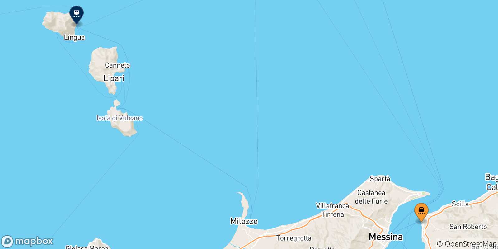 Mappa delle possibili rotte tra Reggio Calabria e le Isole Eolie
