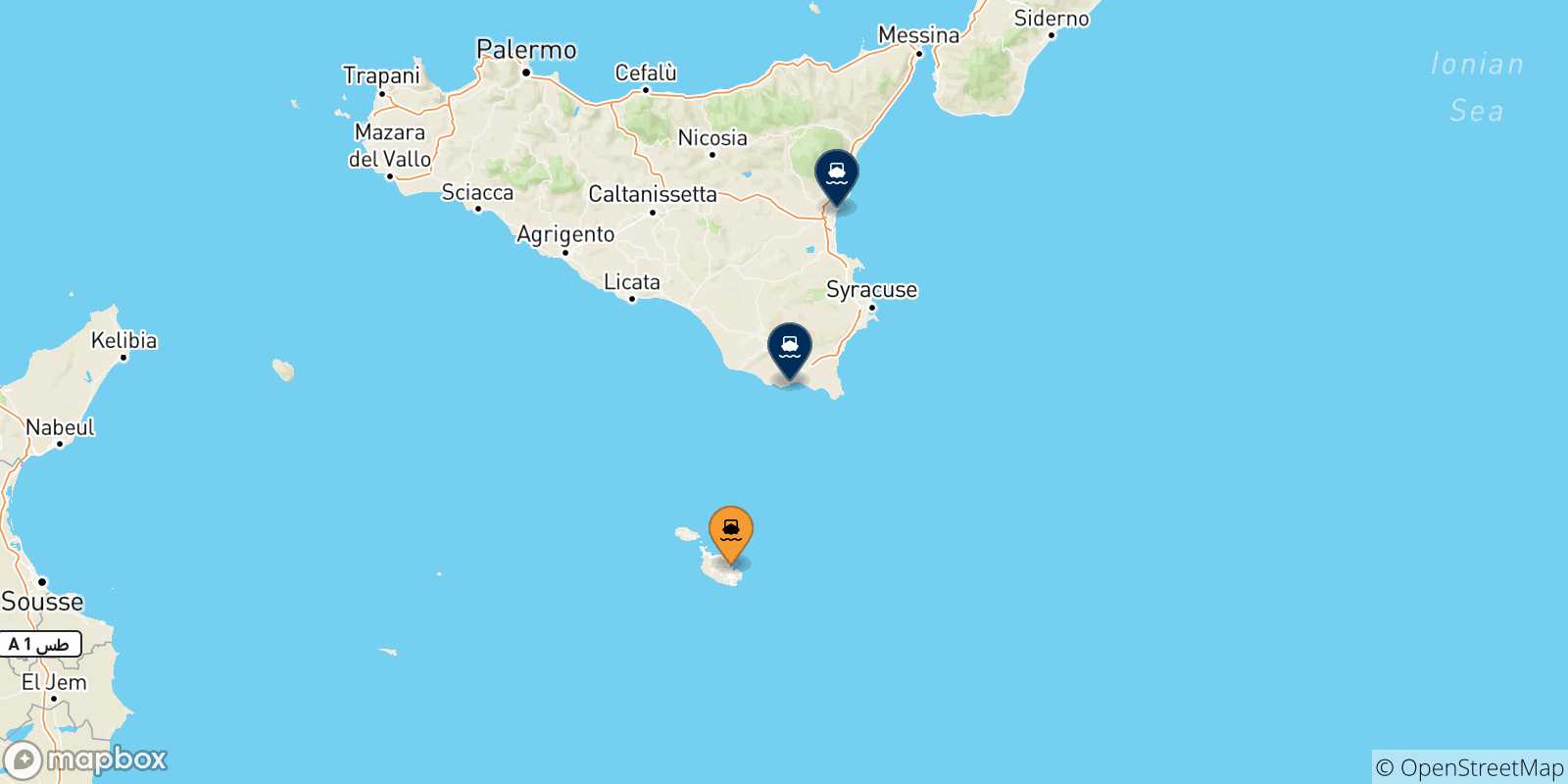 Mappa delle possibili rotte tra Malta e la Sicilia
