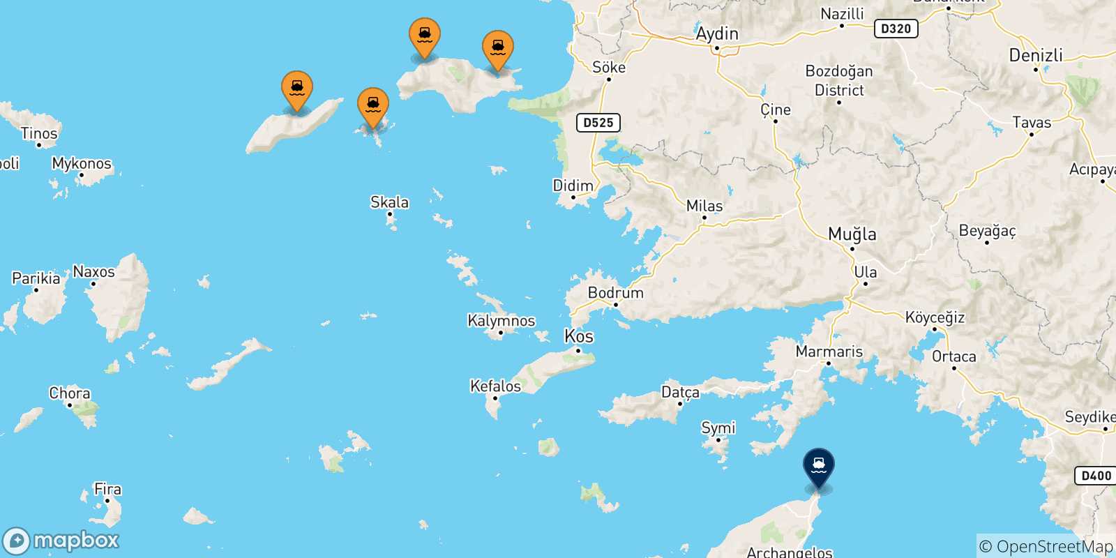 Mappa delle possibili rotte tra le Isole Egeo Nord Orientale e Rodi