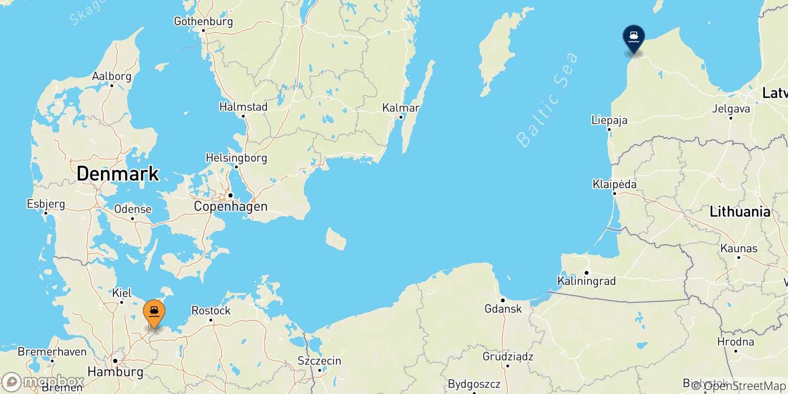 Mappa delle possibili rotte tra la Germania e Ventspils