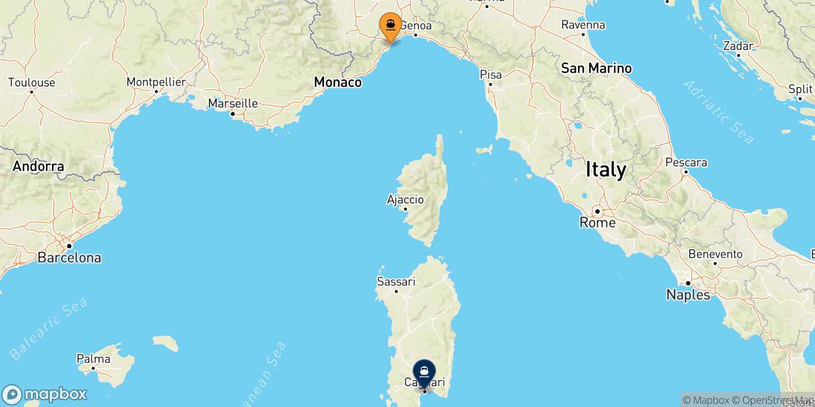 Mappa della rotta Savona Cagliari