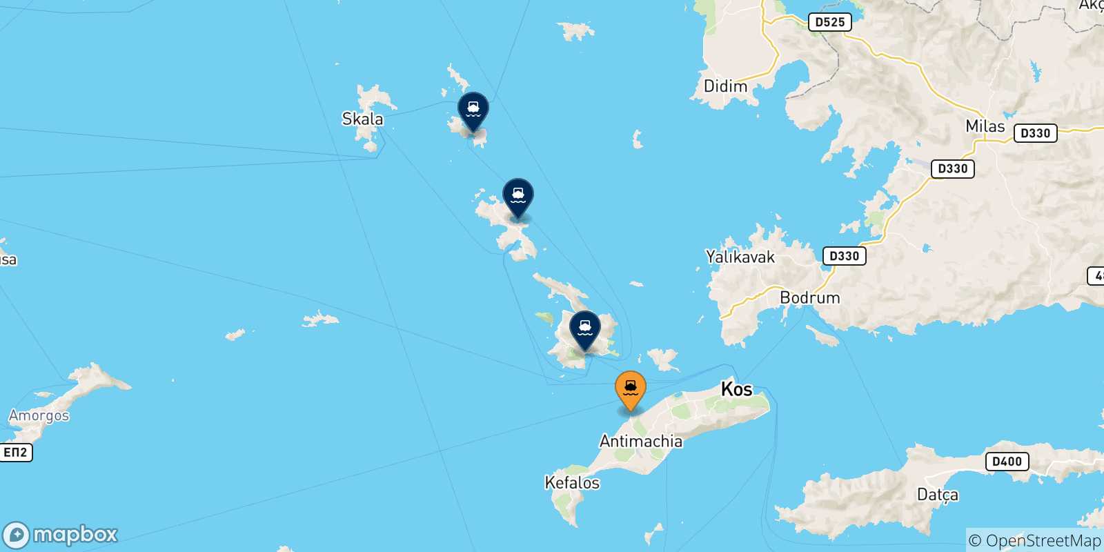 Mappa delle possibili rotte tra Mastihari (Kos) e la Grecia