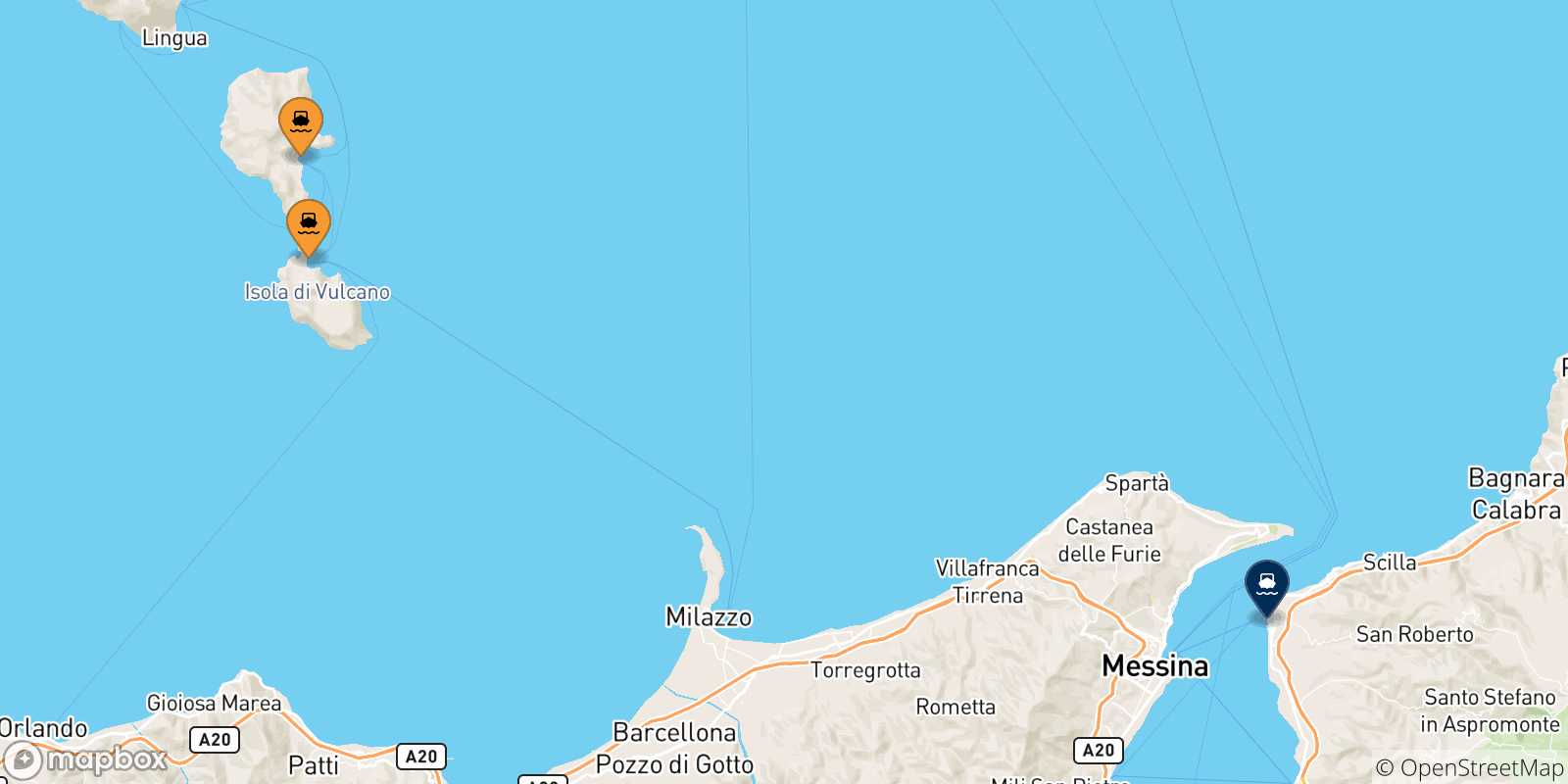 Mappa delle possibili rotte tra le Isole Eolie e Reggio Calabria
