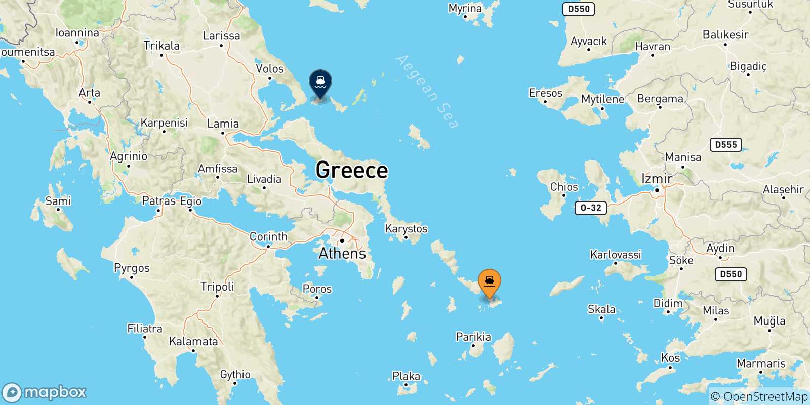 Mappa delle possibili rotte tra Mykonos e le Isole Sporadi