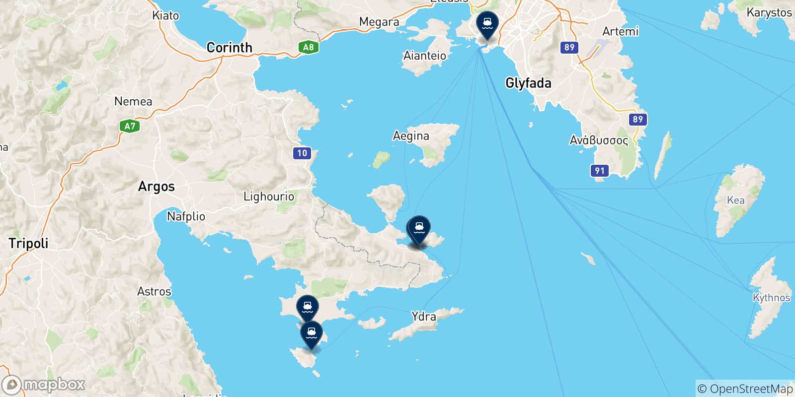 Mappa delle possibili rotte tra Hydra e la Grecia
