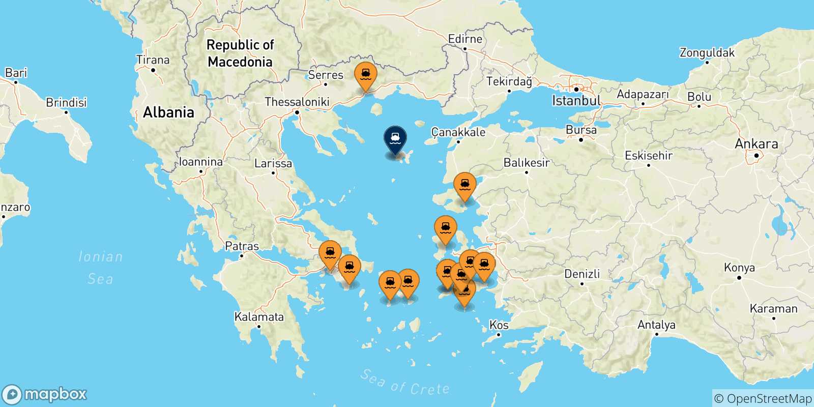 Mappa delle possibili rotte tra la Grecia e Mirina (Limnos)