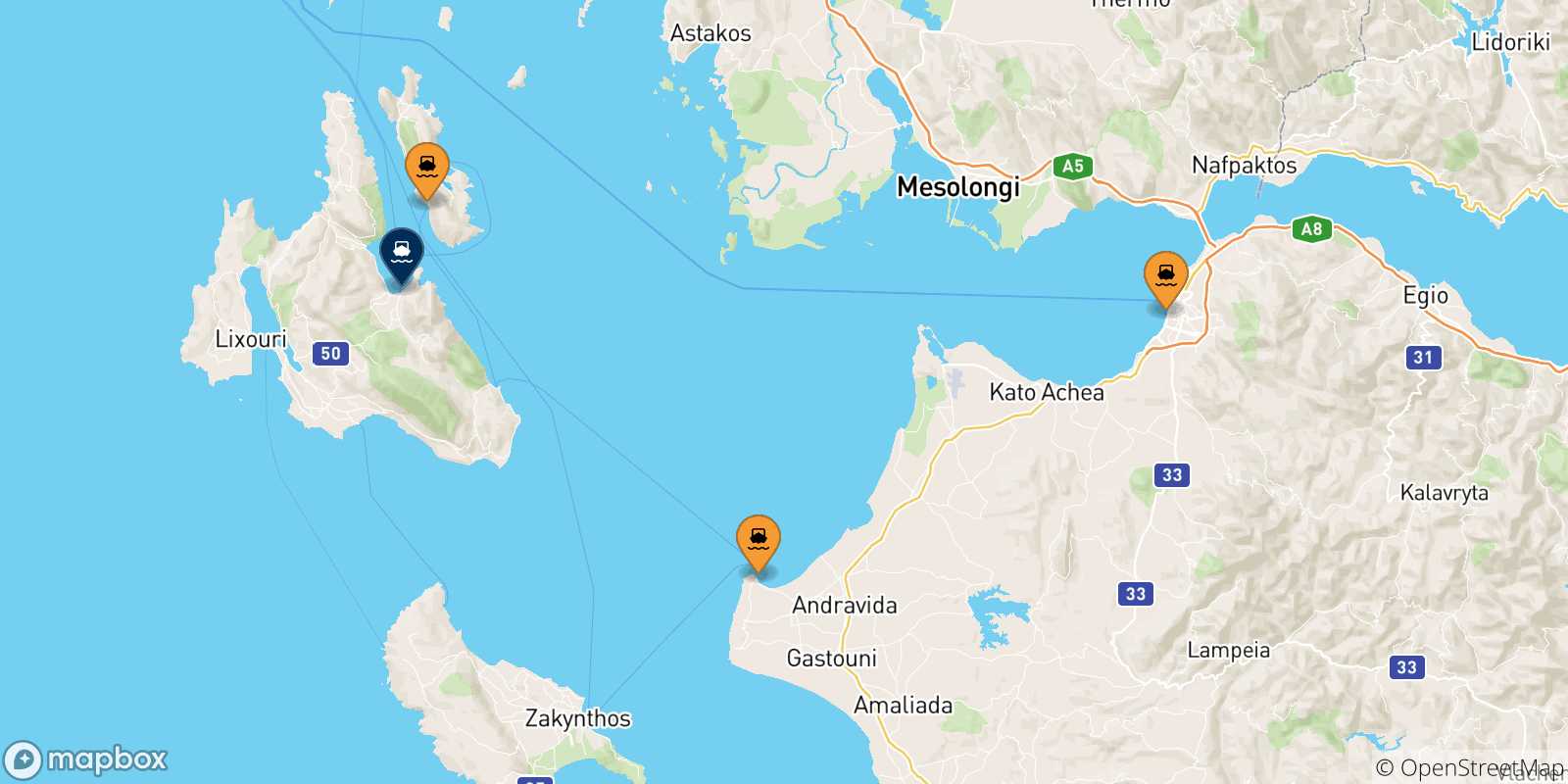 Mappa delle possibili rotte tra la Grecia e Sami (Cefalonia)