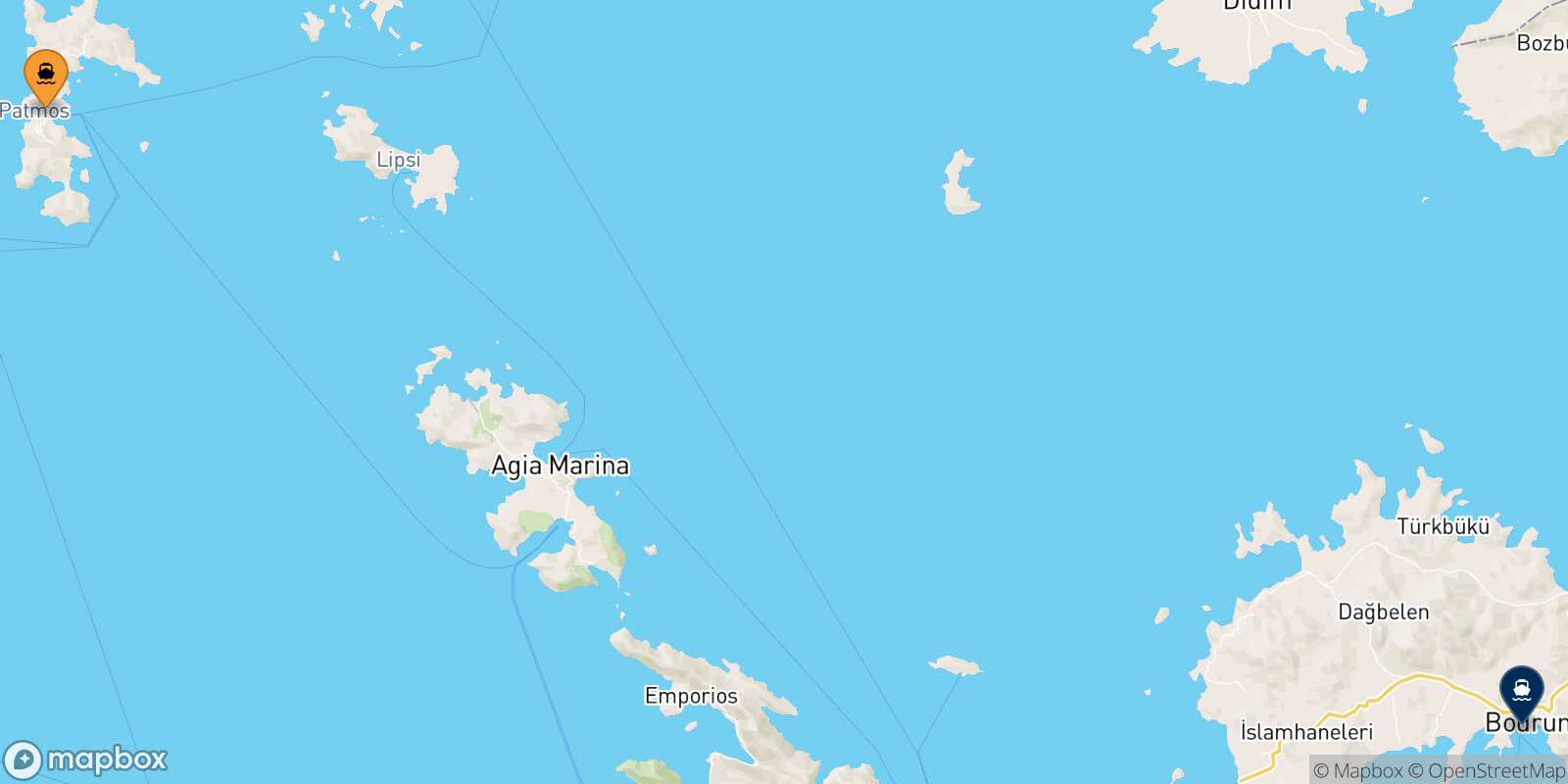 Mappa della rotta Patmos Bodrum