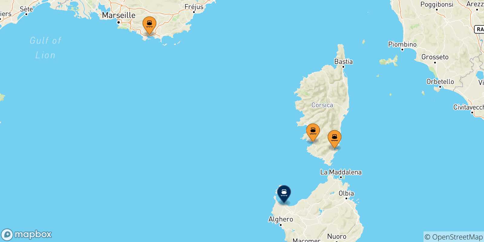 Mappa delle possibili rotte tra la Francia e Porto Torres
