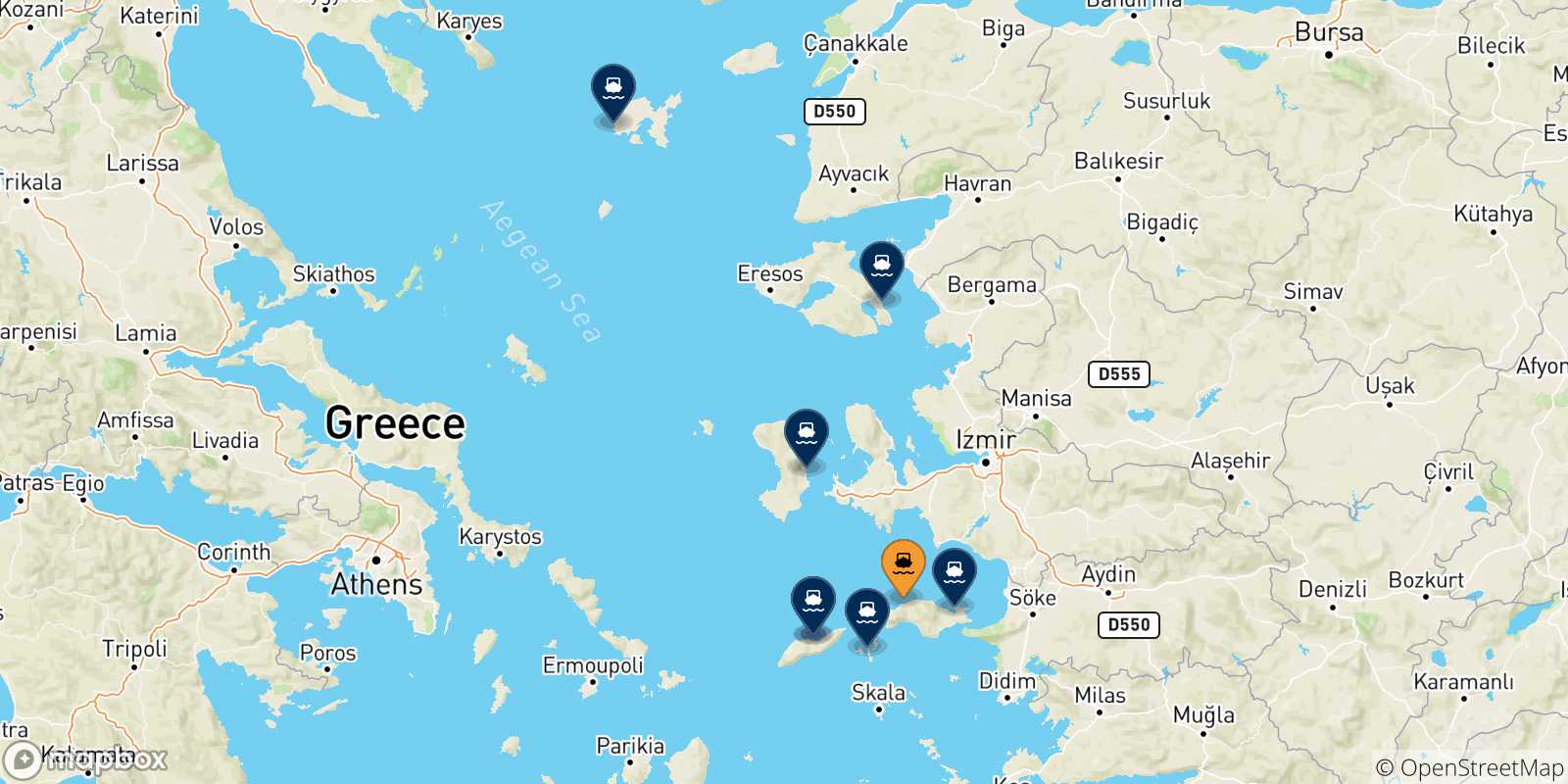 Mappa delle possibili rotte tra Karlovassi (Samos) e le Isole Egeo Nord Orientale
