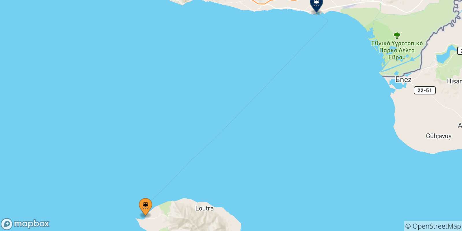Mappa delle possibili rotte tra Samothraki e la Grecia