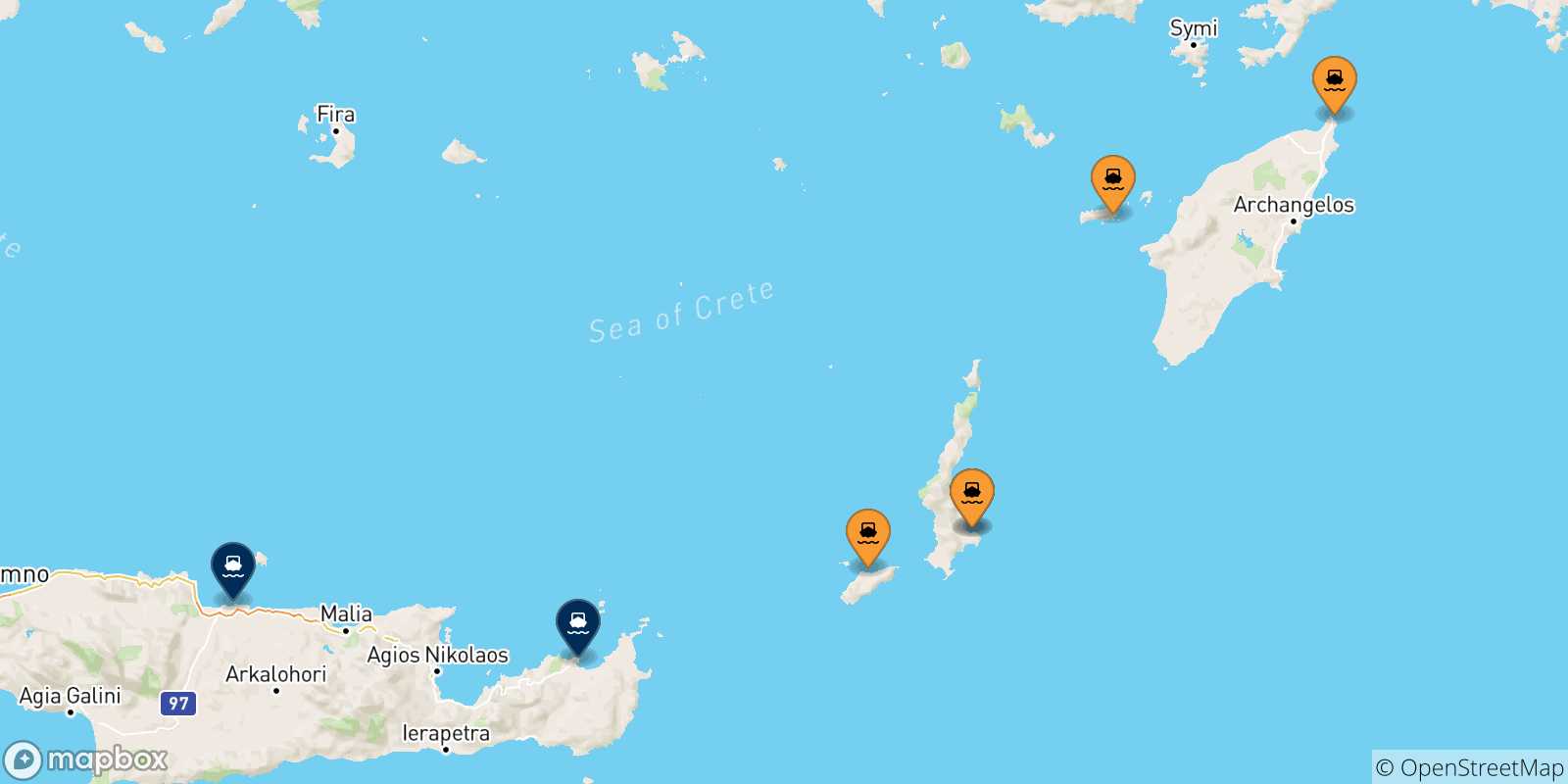 Mappa delle possibili rotte tra le Isole Dodecaneso e Creta