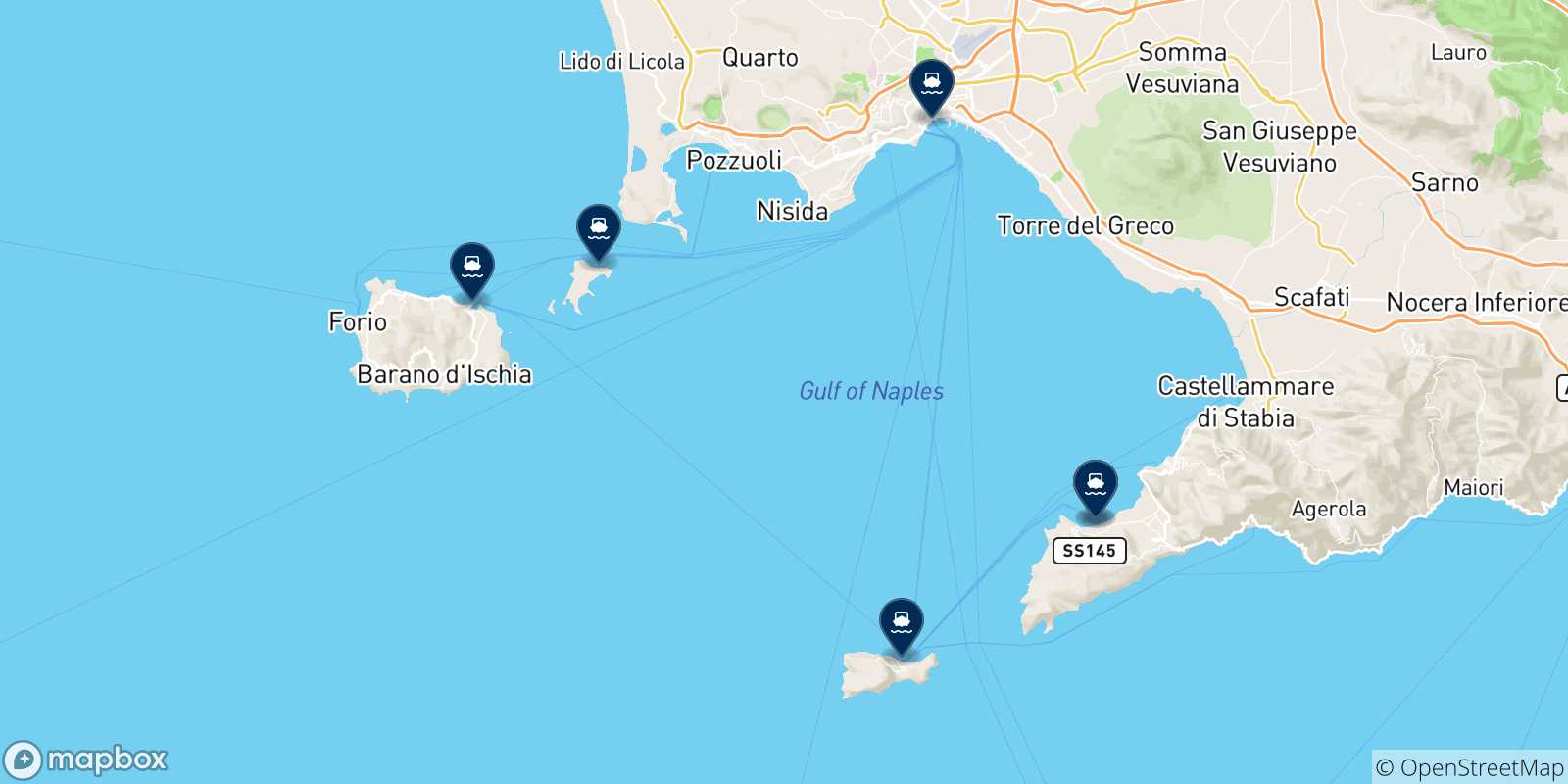 Mappa delle possibili rotte tra Sorrento e l'Italia