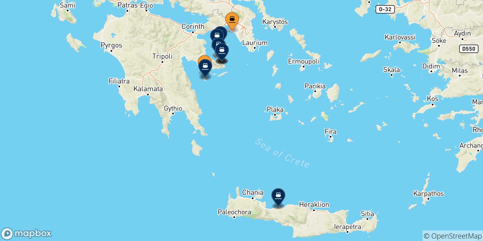 Mappa delle possibili rotte tra la Grecia e le Isole Saroniche