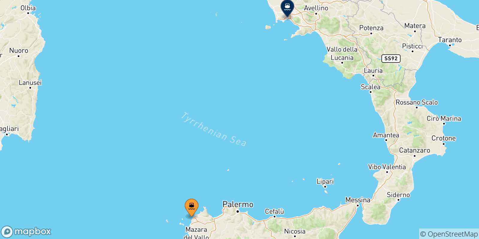 Mappa delle possibili rotte tra la Sicilia e Napoli Beverello