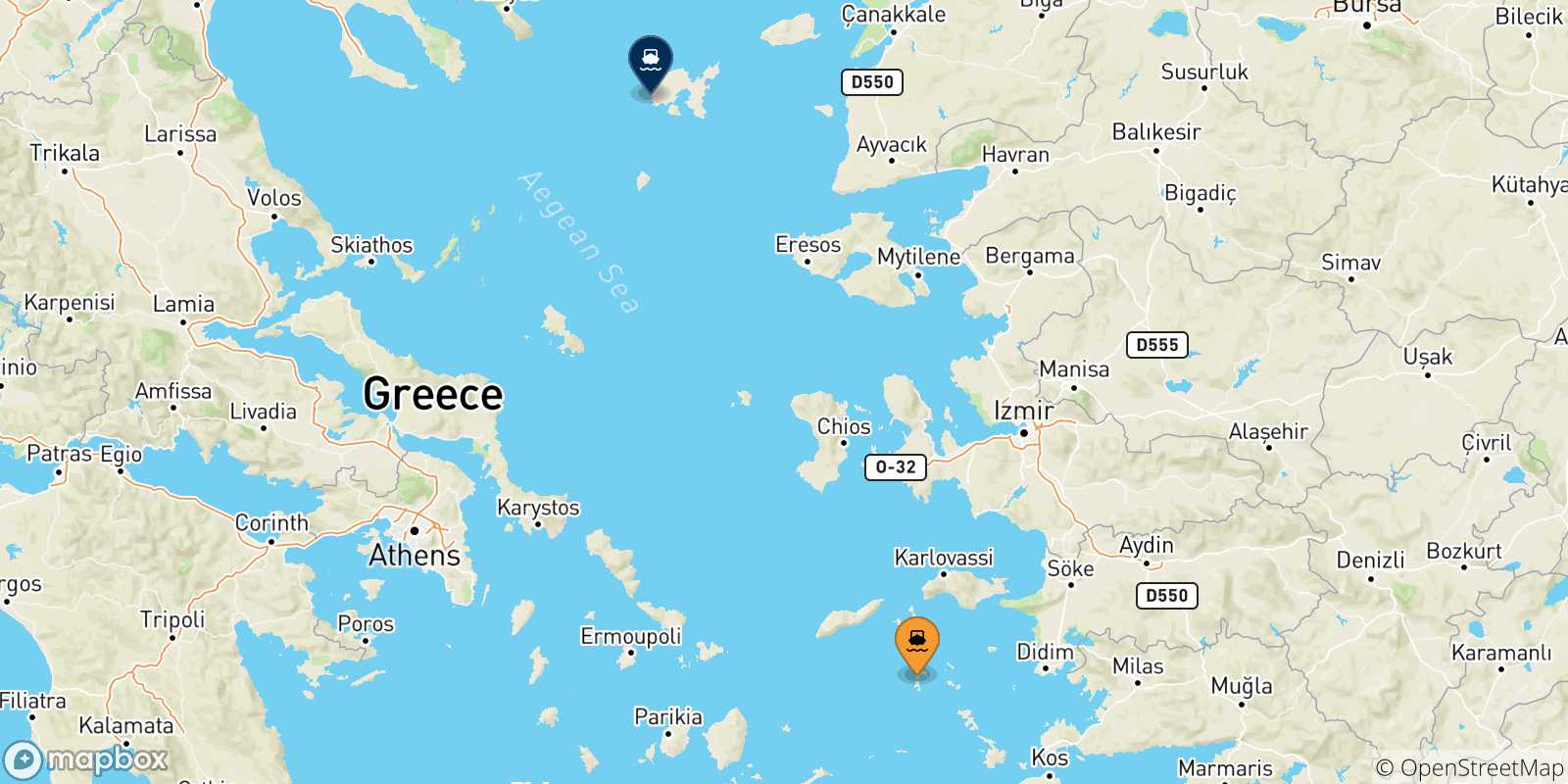Mappa delle possibili rotte tra le Isole Dodecaneso e Mirina (Limnos)