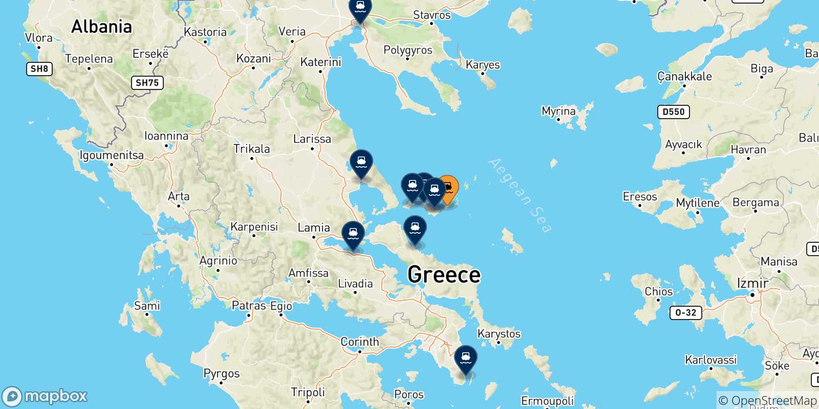 Mappa delle possibili rotte tra Alonissos e la Grecia