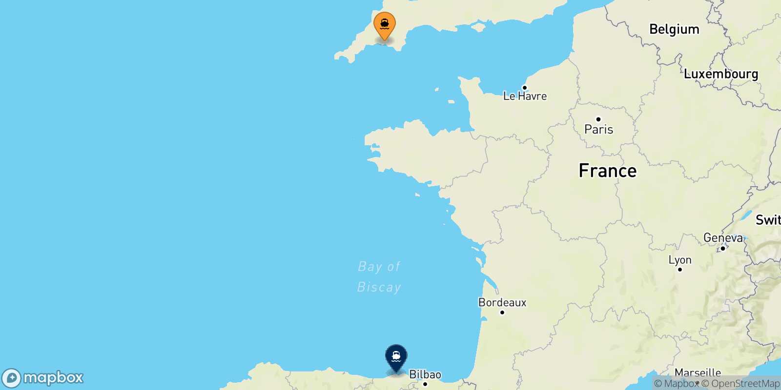 Mappa delle destinazioni raggiungibili da Plymouth