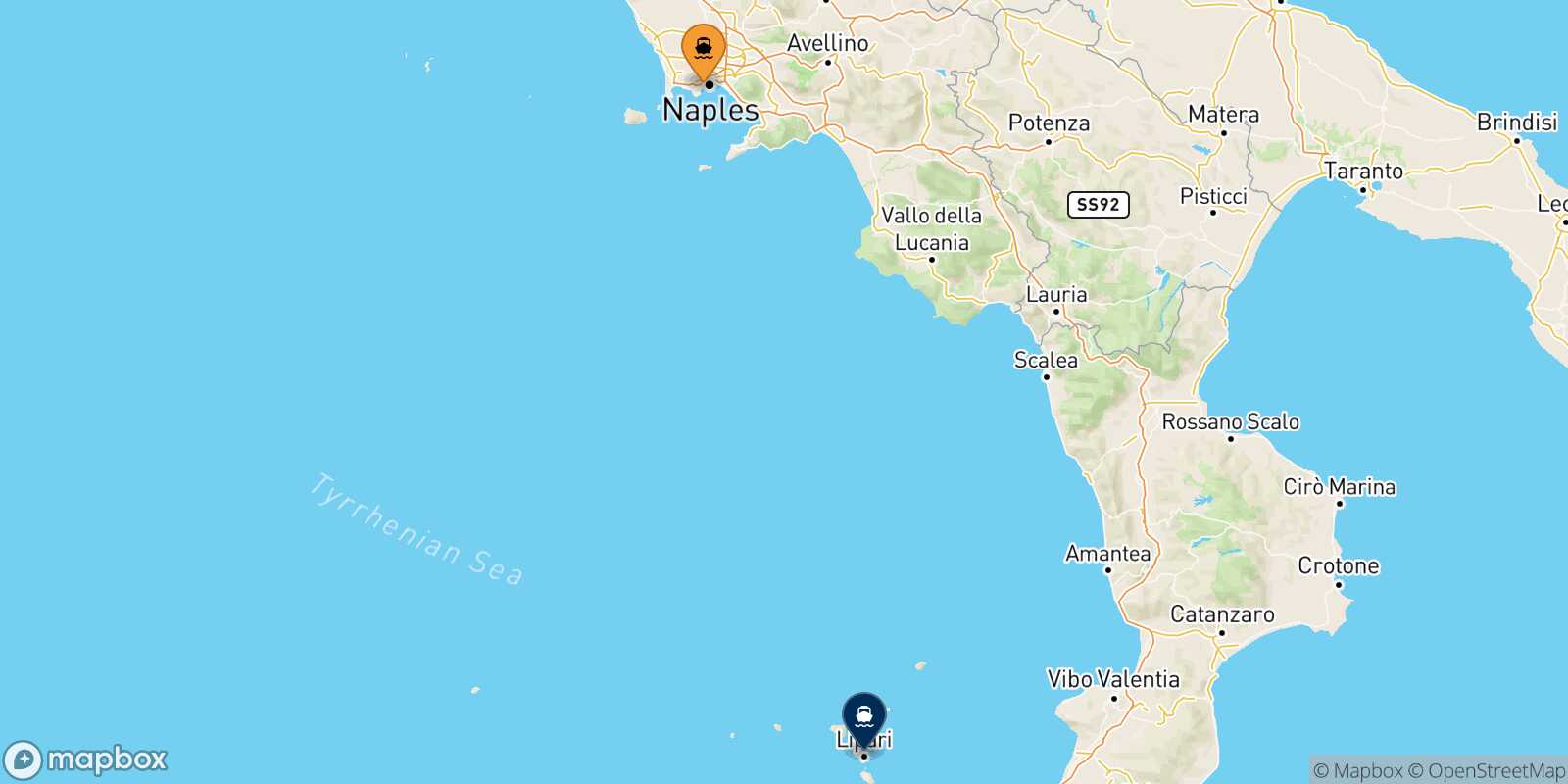 Mappa della rotta Napoli Mergellina Lipari