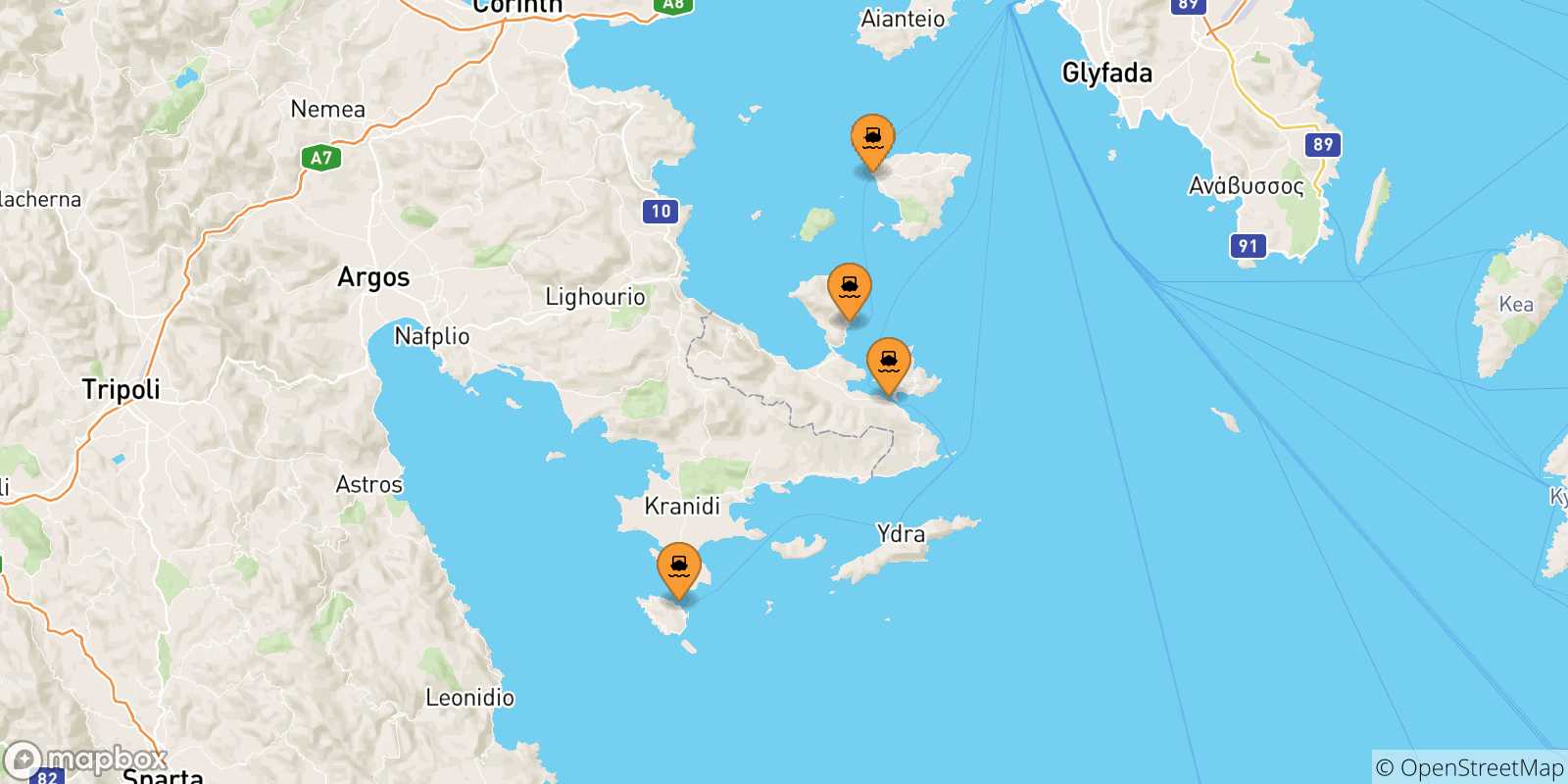 Mappa delle possibili rotte tra le Isole Saroniche e Poros