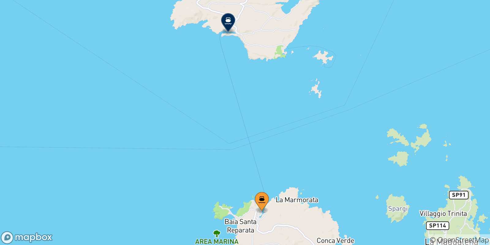 Mappa delle possibili rotte tra Santa Teresa Di Gallura e la Corsica