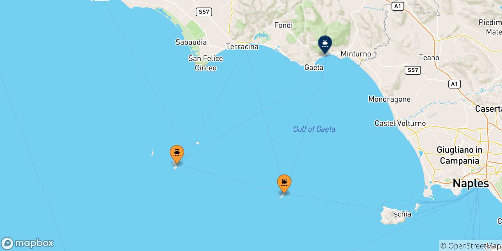 Mappa delle possibili rotte tra le Isole Pontine e Formia