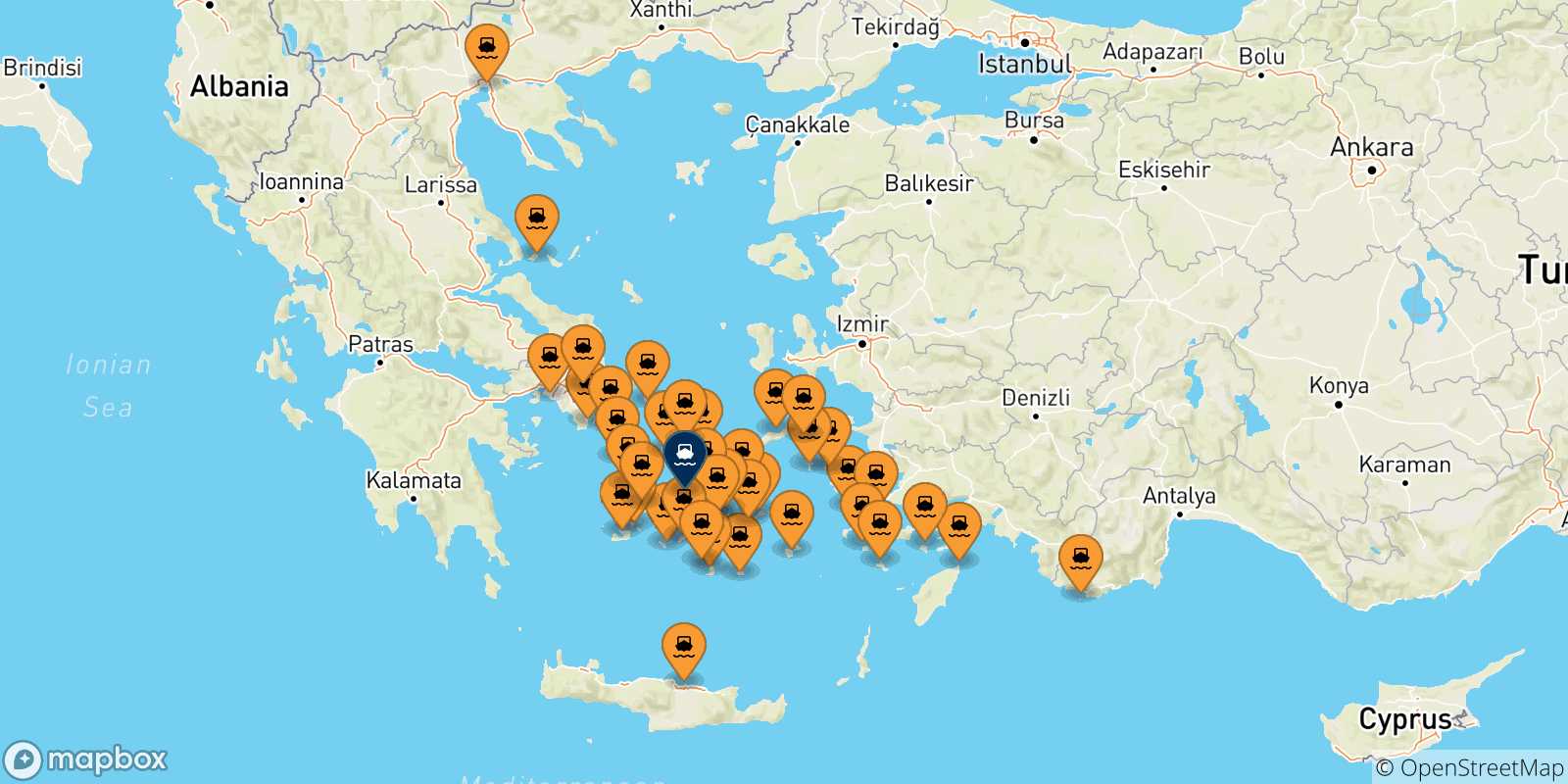 Mappa delle possibili rotte tra la Grecia e Paros