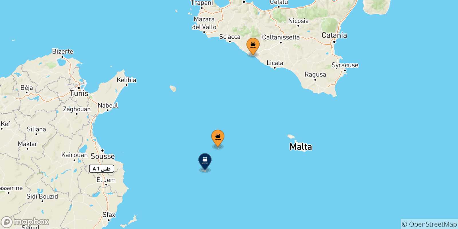 Mappa delle possibili rotte tra l'Italia e Lampedusa
