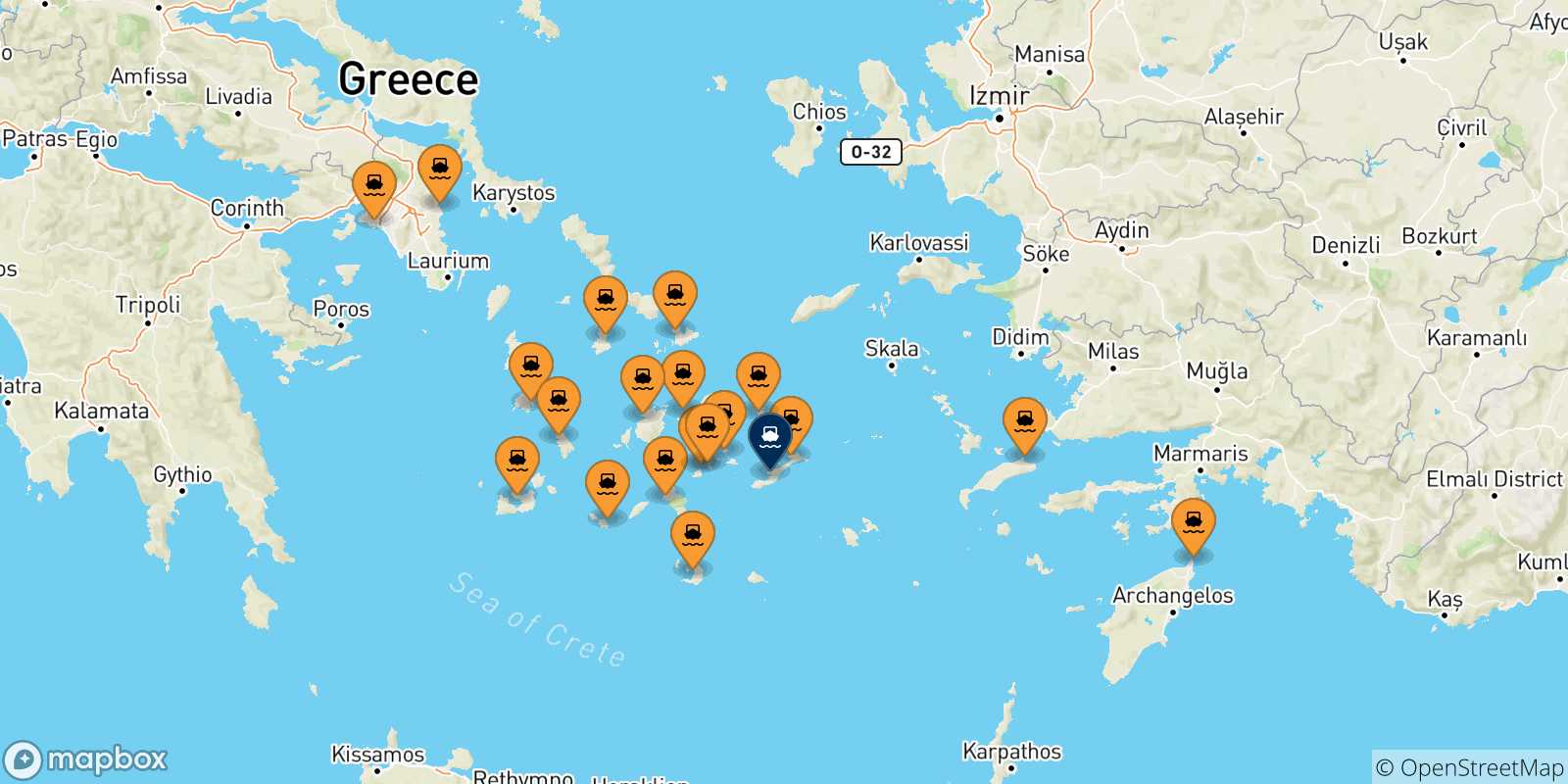 Mappa delle possibili rotte tra la Grecia e Katapola (Amorgos)