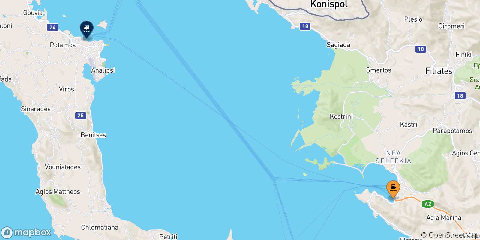 Mappa delle possibili rotte tra Igoumenitsa e le Isole Ionie