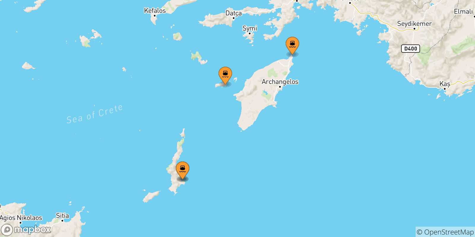 Mappa delle possibili rotte tra le Isole Dodecaneso e Kasos