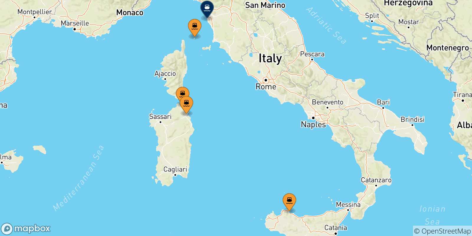 Mappa delle possibili rotte tra l'Italia e Livorno