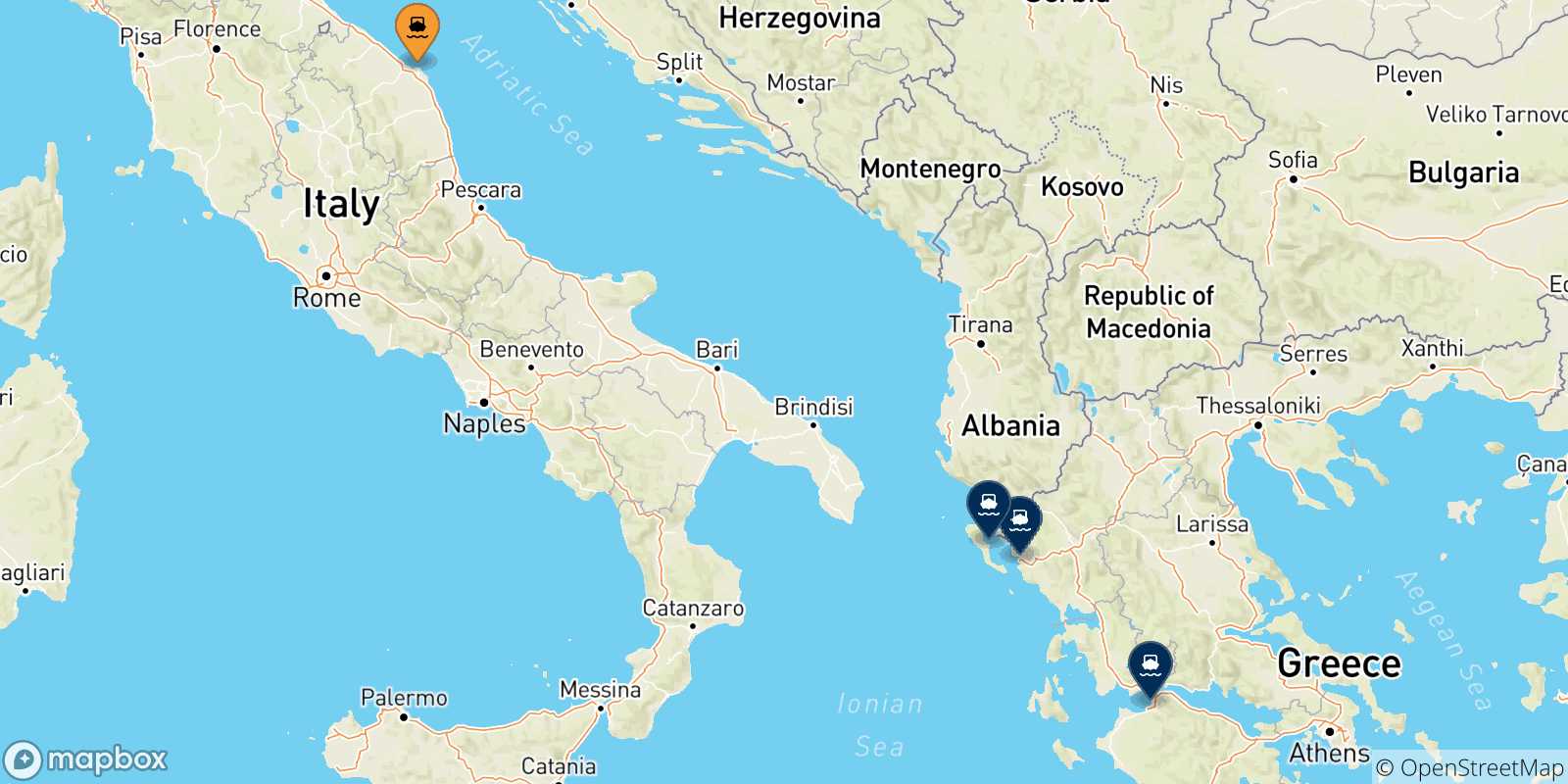 Mappa delle possibili rotte tra Ancona e la Grecia