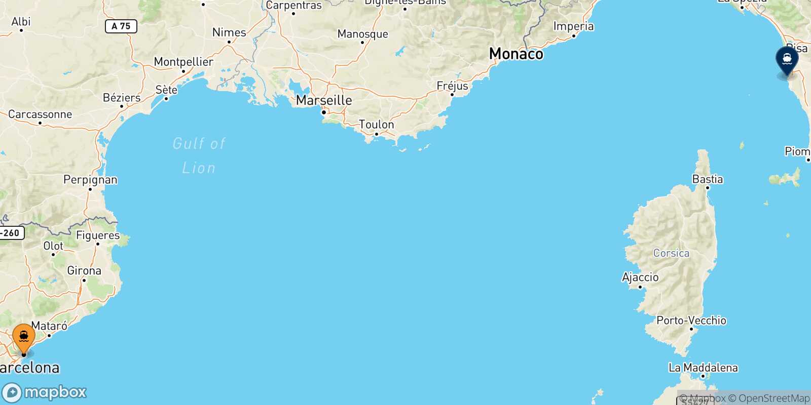 Mappa dei porti collegati con  Livorno