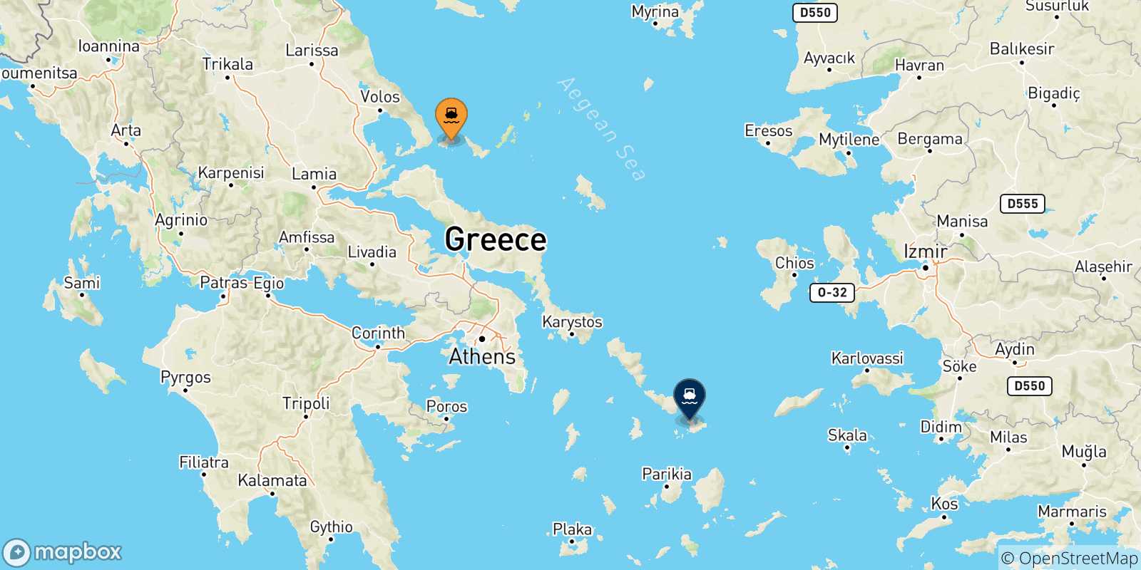 Mappa delle possibili rotte tra le Isole Sporadi e Mykonos